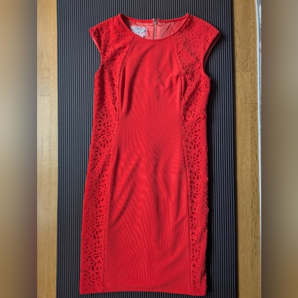 Phoebe Couture Fitted Cutout Lace Orange Red Pencil Chic Mini dress Sz 2 EUC - Picture 2 of 16